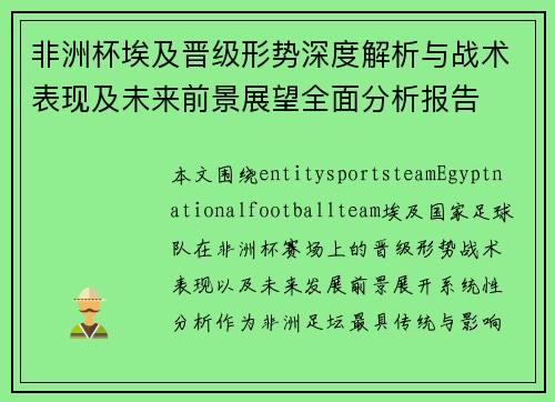 非洲杯埃及晋级形势深度解析与战术表现及未来前景展望全面分析报告